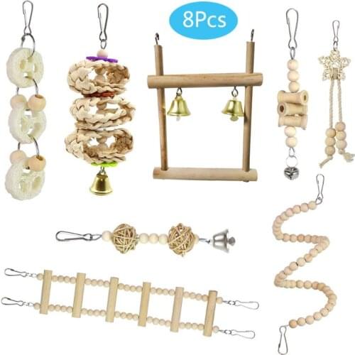 T3EC 8Pcs/Set Bird Parrot Toys Wooden Hanging Swing Hammock Climbing Ladders Parakeet Cockatiels Perches Pet Supplies