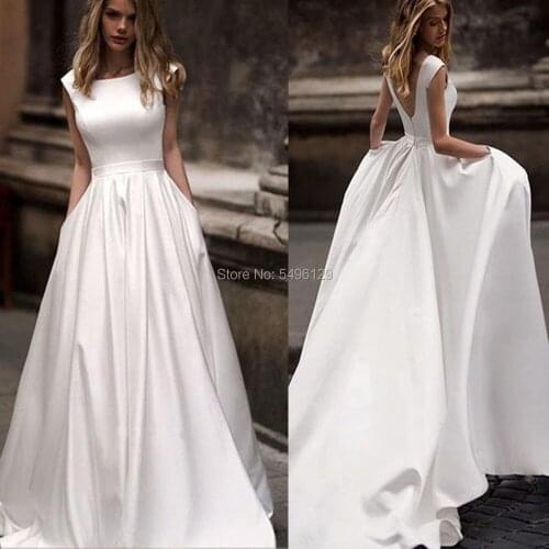 A Line Satin Wedding Dresses With Pocket 2020 Vestido de Novia White Sleeveless Bridal Gowns Formal Long Backless Bride Dress