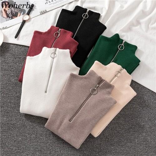 Woherb Autumn Winter Basic Knitted Sweater Women Zipper Patch Half Turtleneck Slim Pullover Jumper 2021 Korean Modis Pull Femme