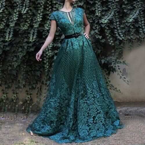 Green Dubai Sleeveless Handmade Flowers Prom Dresses 2020 Diamond Luxury Beach Prom Gowns Serene Hill BLA60759