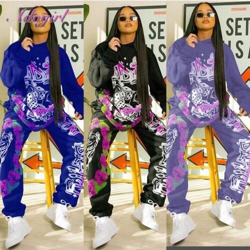 Graffiti Print Women Two Piece Sets Causal Rose Long Sleeve Loose Hoodies Joggers Sweatpants High Street Matching Set Tracksuit