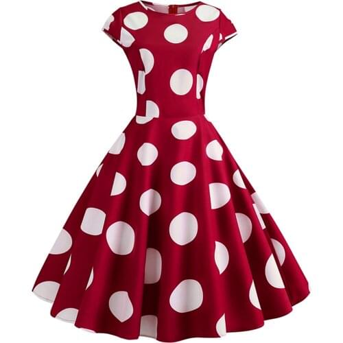 Women Vintage Retro Short Sleeve Dot Print Evening Party Prom Swing Dress Womens Fashion Long Sleeve Casual Round Neck Solid