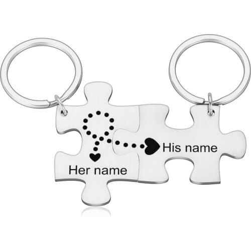 2PCS Couples Customized Puzzle Keychains Engraved Date and Two Initials Love Gifts for Husband Wife Boyfriend Girlfriend