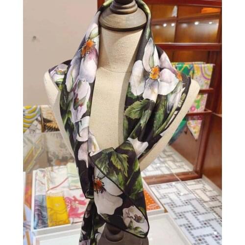 2021 new arrival spring summer classic flpwer100% pure silk scarf twill hand made roll 90*90 cm shawl wrap for women lady gift