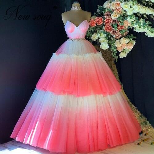 Dubai Design Ball Gown Evening Dress Pink and White Pearls Beaded Prom Dress Vestido De Festa 2021 Turkish Islamic Party Night