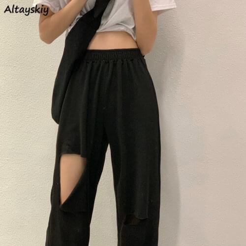 Hole Pants Women Vintage Streetwear Fashion Clothing BF Korean Summer Casual Simple Wide Leg Solid Loose Elegant Soft Breathable