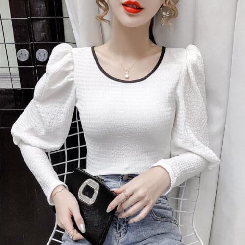 Design T-shirt with a bottoming shirt, bubble long-sleeved womens spring 2021 new Korean version of slim and thin ins top