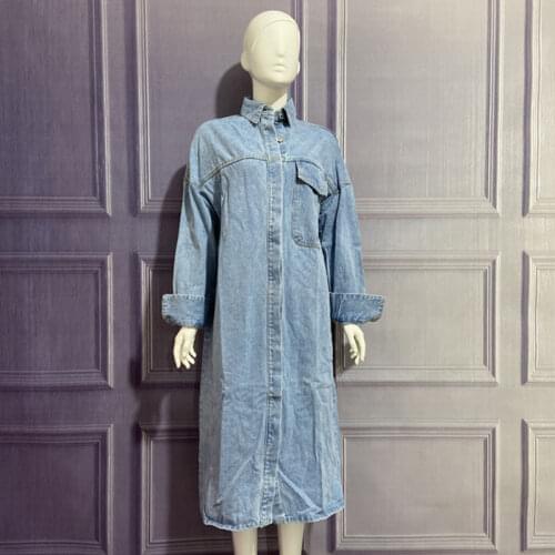 Spring Autumn Women Vintage Blue Long Denim Jackets Solid Pocket Jeans Coat Female Outwear Tops Casual Loose Cowboy Windbreaker