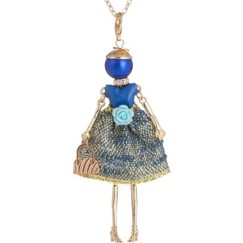 Fashion French Lady Doll Necklace Pendant Jewelry lovely Dress Long Maxi Choker Blue Bead Statement Necklace 2017 For Women gift
