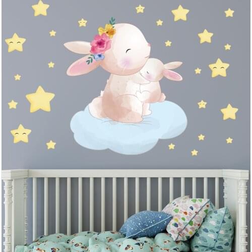 Cartoon Rabbit Wall Stickers Cloud Bunny Star Wall Decals for Kids Baby Nursery Room Living Room Bedroom Home Decor Wallpaper
