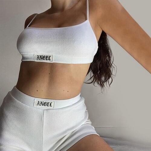 The new summer hot street sportswear English label ribbed rope halter shorts set