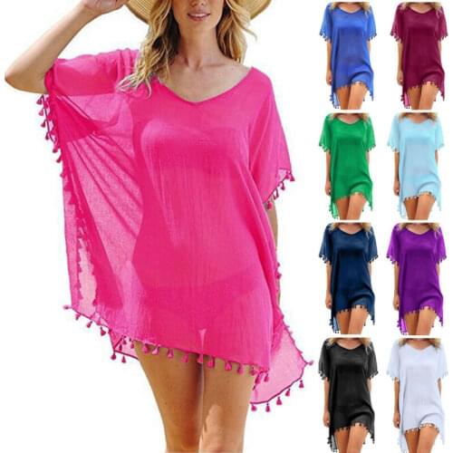 New Chiffon Tassels Beach Wear Women Swimsuit Cover Up Swimwear Bathing Suits Summer Mini Dress Loose Solid Pareo Cover Ups