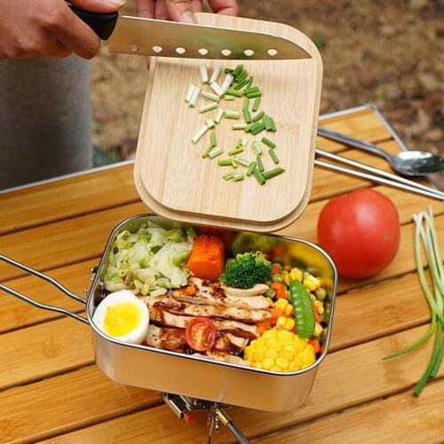 Outdoor Lunch Box Stainless Steel Bamboo Wood Lid Portable Picnic Cutting Board Cover Camping Supplies Accessories
