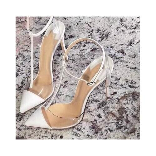 Sexy Black Patent Leather T-strap Women Shoes High Heels Patchwork Clear PVC Ankle Strap Women Sandals Gladiator Heels Shoes