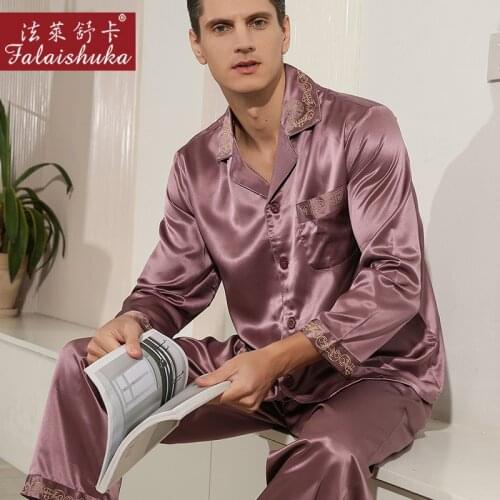 22 momme 100% natural Silk embroidery sleepwear men pajama sets noble Exquisite Long sleeve pure silk sleepwear men T9073