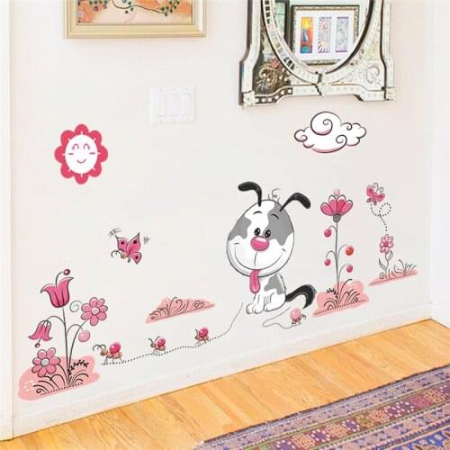 Happy Dog With Flower Wall Stickers For Kids Room Bedroom Decoration Animal Mural Art Diy Pvc Home Decals