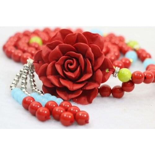 Synthetic Red cinnabar 8mm round beads with 18x50mm flower pendant lady diy necklace 38" B961