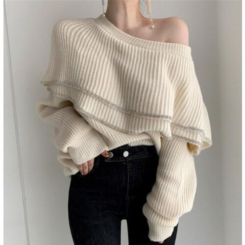 IMucci 2020 Spring New Ruffles Collar Strapless Sexy Long Sleeve Solid Sweaters Fashion Office Lady Style Pullovers TM1667