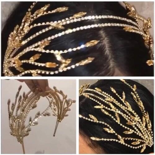 Baroque Crystal Rhinestone Tassel Leaf Hairband Women Bridal Wedding Tiara Hair Accessories Crown Hairwear Party Jewelry