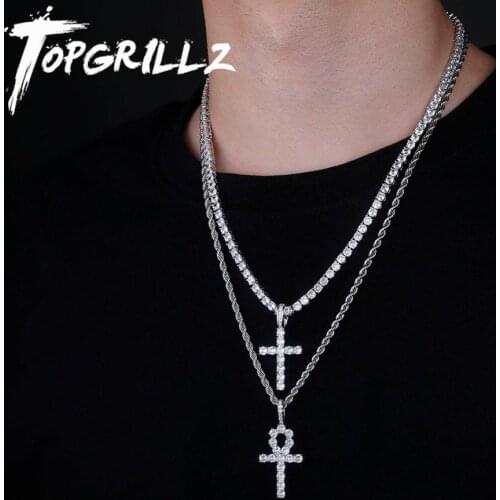 TOPGRILLZ Iced Out Cross Pendant With 4mm 20'' Tennis Chain Ankh Cross 24'' Rope Chain Pendant Necklace Set Hip Hop Jewelry Set