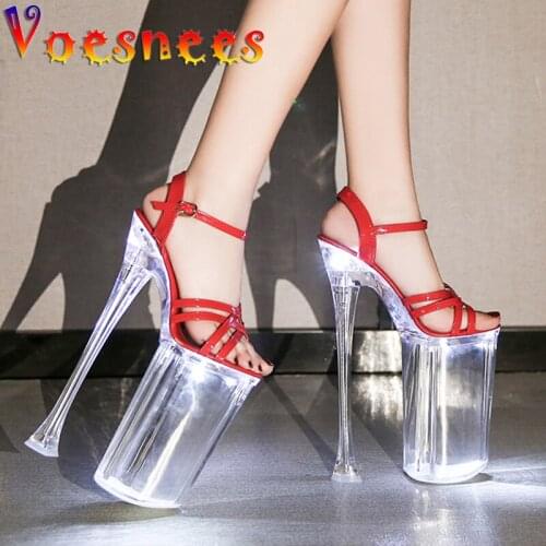 Voesnees 2021 New Women Shoes Glowing Sandals Summer Sexy Clear Platform Thin Heels Super High Heels 26cm Ladies Pole Dance Shoe
