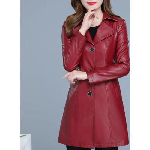 Female Leather Jacket 2021 Women Mid-length Autumn Winter New Style Korean Version Lapel Slim Plus Size Windbreaker Leather Coat