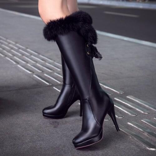 2021 Fashion Knee High Boots Womens Winter Boots Thick High Heel Long Boots Round Slip On Spring Autumn Shoes Woman Black White