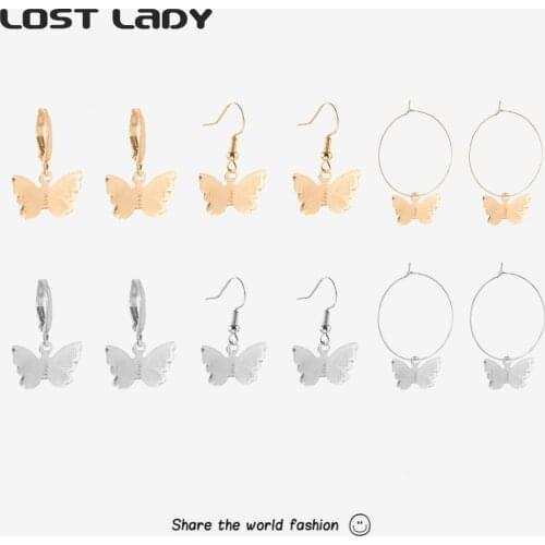 Lost Lady Fashion Vintage Hoop Earrings Gold Silver Color Butterfly Drop Earrings For Women Girls Jewelry Accessories Wholesale