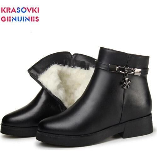 Krasovki Genuines Wool Women Snow Boots Warm Genuine Leather Fur Warm Shoes Plush Ankle Boots Platform for Women Winter Boots