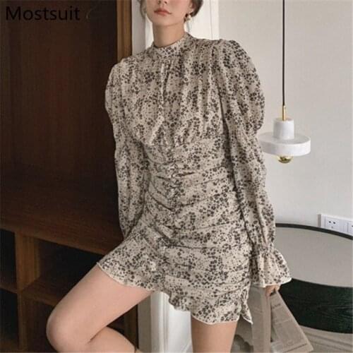 Floral Printed Women Pencil Mini Dress Full Sleeve O-neck A-line Dresses Korean Elegant Vintage Ladies Vestidos Femme 2021