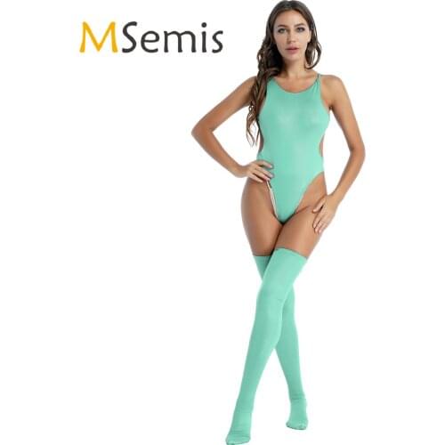 Womens Lingerie Hollow Out Back Sleeveless High Cut Bodysuit with Stocking Faux Leather Sexy Teddies Ladiess Sleepwear Sleepwear