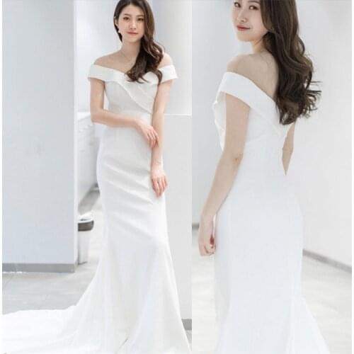 Soft Satin Mermaid Off-Shoulder Short Sleeve Sexy Vintage Sweep Train Backless Wedding Gown Wedding Dress Bride robe de mariée