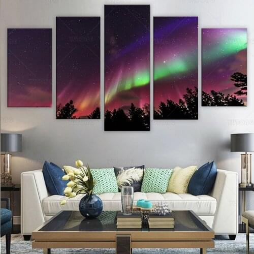 HD printed 5 Piece Canvas Art Aurora Psychedelic Purple Starry Sky painting Wall Pictures for Living Room home decot framed