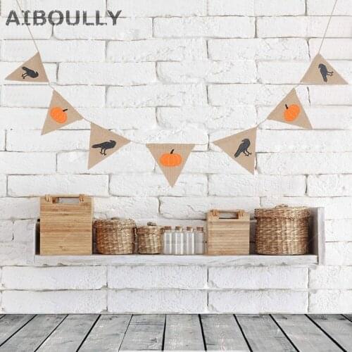 7 Flags Jute Crow and Pumpkin Burlap Bunting Rustic Wedding Banner Garland Party Flags Candy Bar Decoration Event Supplies