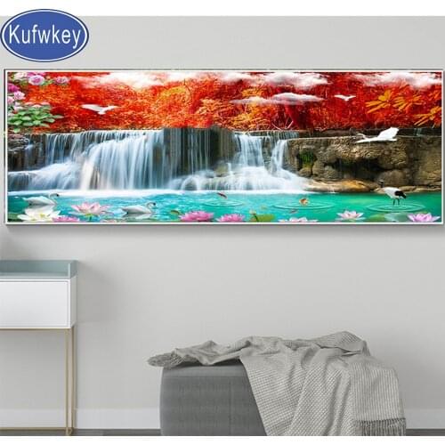 New Gift diamond painting waterfall swan koi fish 5d diamant embroidery mosaic Handmade lotus tree natural landscape large decor