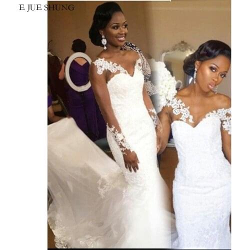 E JUE SHUNG White Lace Appliques Mermaid Wedding Dresses Sheer Long Sleeves Wedding Gowns Bride Dresses