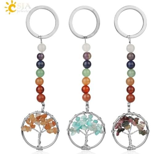 CSJA Natural Stone 7 Chakra Keychain Energy Yoga Reiki Tree of Life Pendant Key Holder for Women Accessories Jewelry Gifts G312