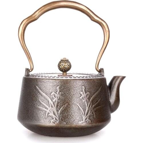 Non-coated cast iron tea pot Japanese handmade double copper handle cover boiling water kettle teapot teaware 0.9L