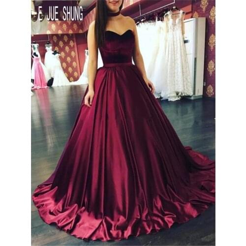 E JUE SHUNG Elegant Burgundy Evening Dresses Sweetheart Neck Lace Up Back A Line Satin Prom Gowns Formal Dresses robe de mariee