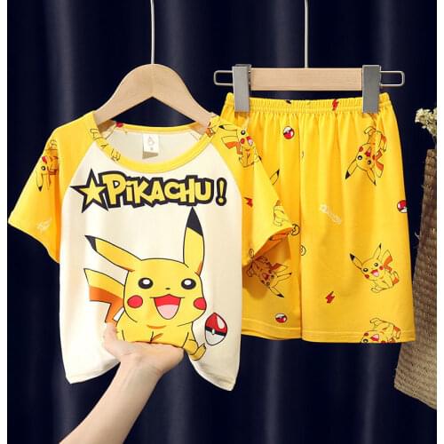 Pokemon short sleeve kid cloth pants pikachu pajamas tee shirt set children summer homewear cotton clothes sleepwears