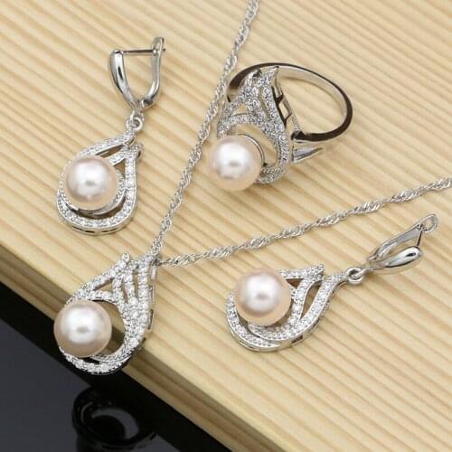 Pink Pearls Jewelry Sets 925 Silver Bridal Jewelry For Women Wedding Earrings/Pendant/Rings/Necklace Set
