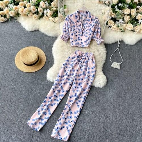 Summer Womens Suit Korean Holiday Style Casual Floral Suit Collar Short Top + High Waist Pants Two-piece New Female Sets LH590