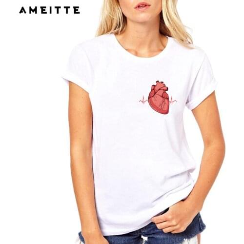 AMEITTE Summer Tops Funny Heartbeat Pocket Design T-Shirt Women Fashion All-match Female White Tee Shirt