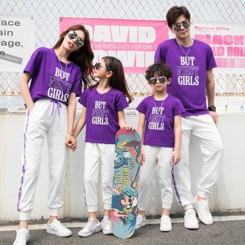 Summer New fashion Sports Family outfits look Letter clothing mother Girl father Boy cotton Purple T shirts & trousers 2pcs/sets