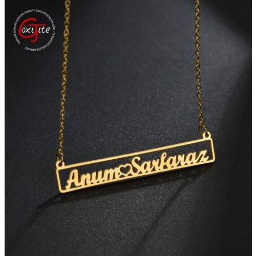 Goxijite Trendy Personalized Name Necklace For Women Stainless Steel Gold Hollow Bar Square Nameplate Necklace Best Gift