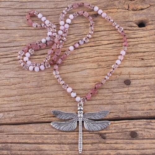 MD Fashion Bohemian Jewelry Accessory 6mm Stones/Crystal Knotted With Silv Metal Retro Dragonfly Pendant Necklaces Women Gift