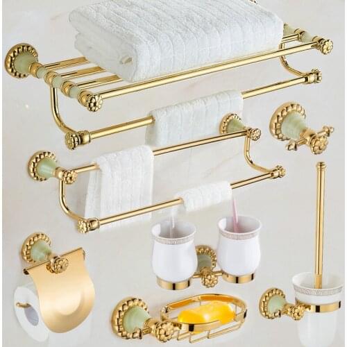 Brass Bath Hardware Set Copper & Jade Accessories Towel Rack/Bar/Ring Corner Shelf Toilet Brush Robe Hooks Tissue Holder Gold