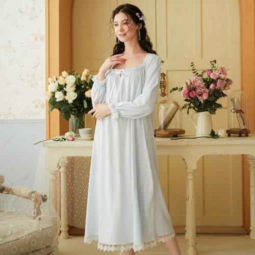 Nightgown Light Blue Autumn Sleepwear Vintage White Cotton Plus Size Women Home Wear Night Dress For Wedding Nightwear Lingerie