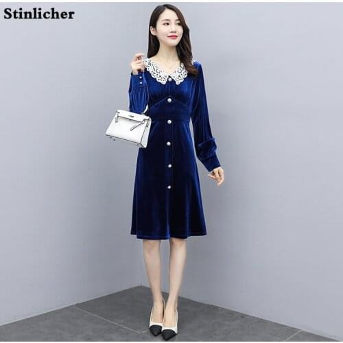 Autumn winter women dress elegant long-sleeved ruffled button lace party dress ladies blue casual knee-length dress robe