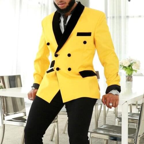 Jacket+Pants) Yellow With Black Lapel 2 Piece Groom Tuexdos For Wedding Formal Prom Suit Party Evening Blazer Custom Made